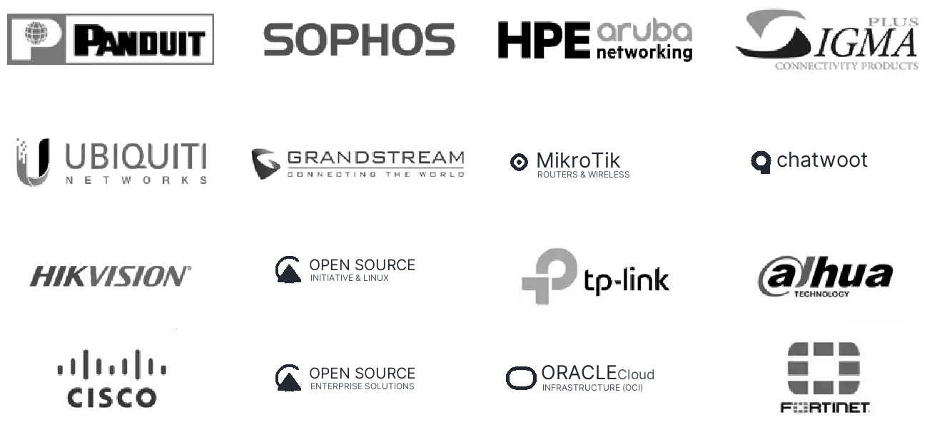 Algunos de nuestros partners tecnológicos - Cisco, Fortinet, Ubiquiti, Grandstream, MikroTik, Chatwoot, Oracle Cloud, Open Source, Sophos